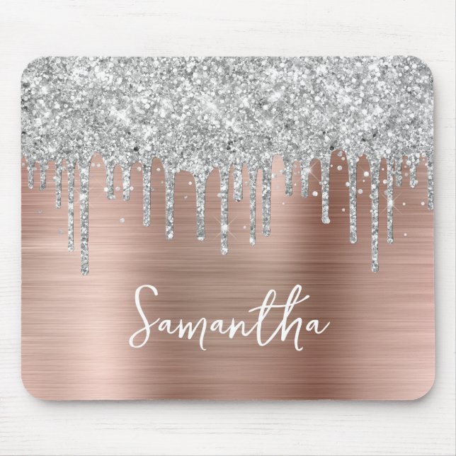 Dripping Silver Glitter Rose Gold Glam Mouse Pad (Front)