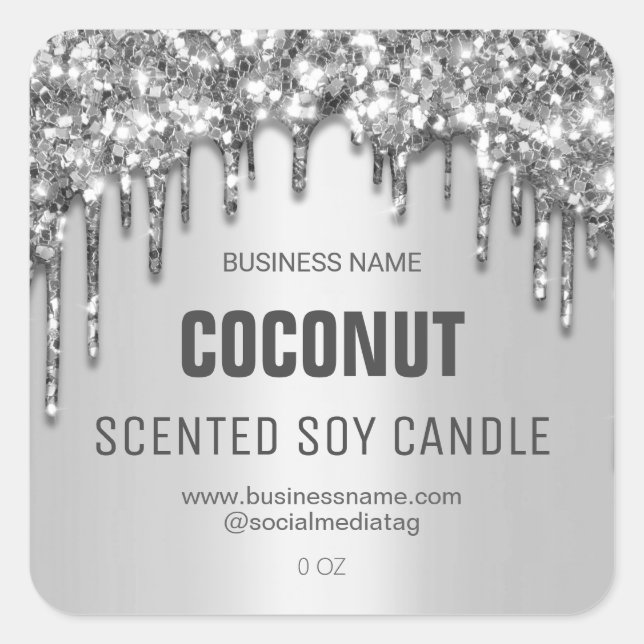 Dripping Silver Glitter Soy Candle Labels (Front)