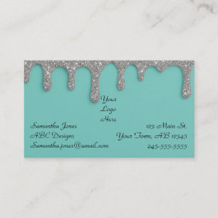 Dripping Silver Glitter & Turquoise Business Card