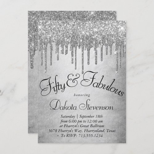 Dripping Silvery Glitter  Platinum Fabulous 50th Invitation