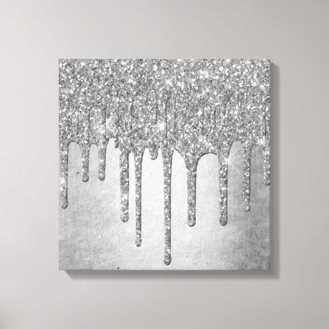 Dripping Silvery Glitter | Platinum Faux Metallic Canvas Print (Front)
