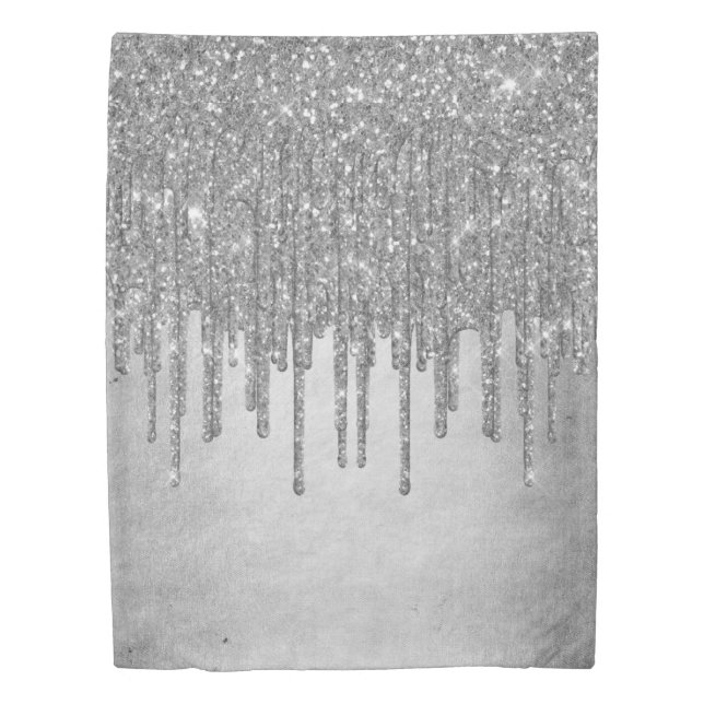 Dripping Silvery Glitter | Platinum Faux Metallic Duvet Cover (Front)