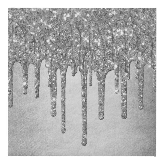 Dripping Silvery Glitter | Platinum Faux Metallic Faux Canvas Print (Front)