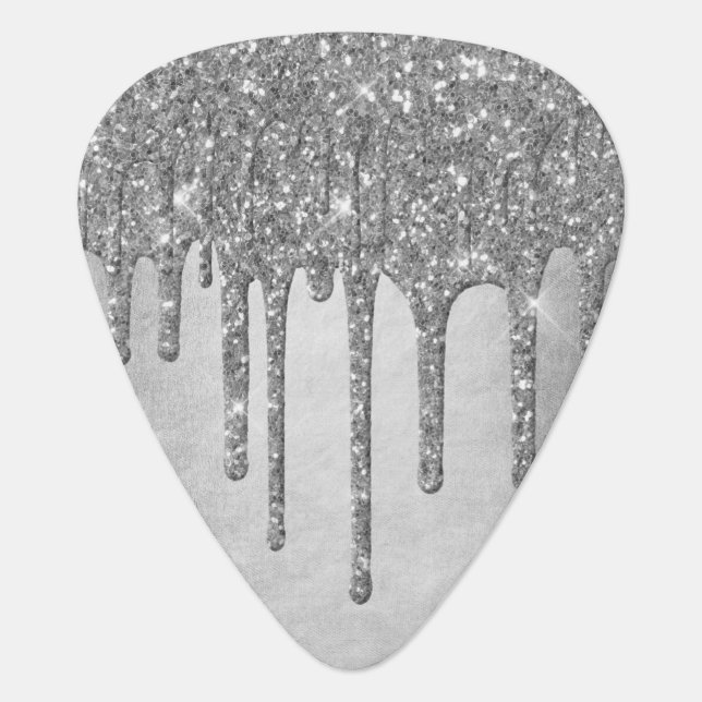 Dripping Silvery Glitter | Platinum Faux Metallic Guitar Pick (Front)