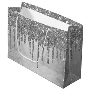 Dripping Silvery Glitter Platinum Faux Metallic Large Gift Bag