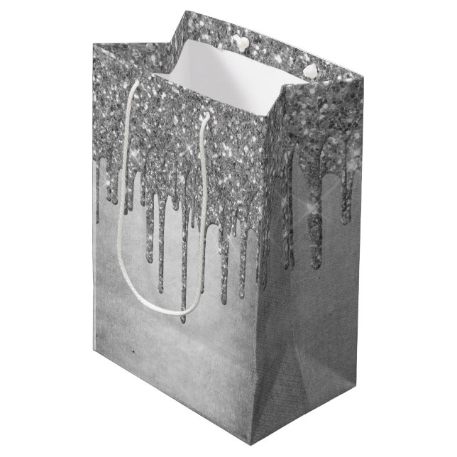 Dripping Silvery Glitter | Platinum Faux Metallic Medium Gift Bag (Front Angled)