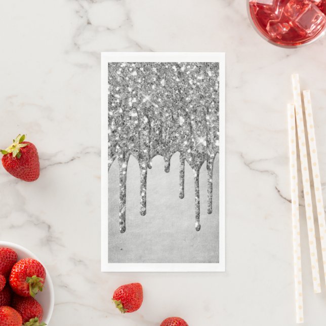 Dripping Silvery Glitter | Platinum Faux Metallic Paper Guest Towels (Insitu)