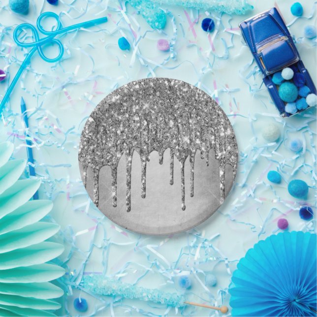 Dripping Silvery Glitter | Platinum Faux Metallic Paper Plates (Party)