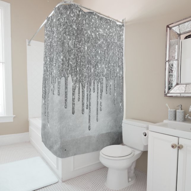 Dripping Silvery Glitter | Platinum Faux Metallic Shower Curtain (In Situ)