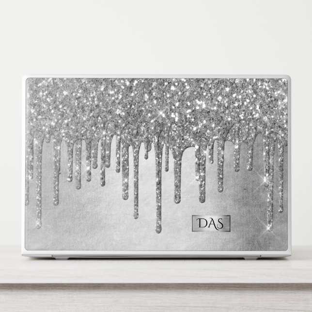 Dripping Silvery Glitter | Platinum Glam Monogram HP Laptop Skin (Front)