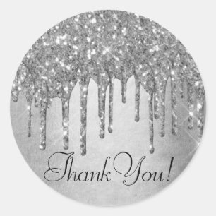 Dripping Silvery Glitter Platinum Glam Thank You Classic Round Sticker