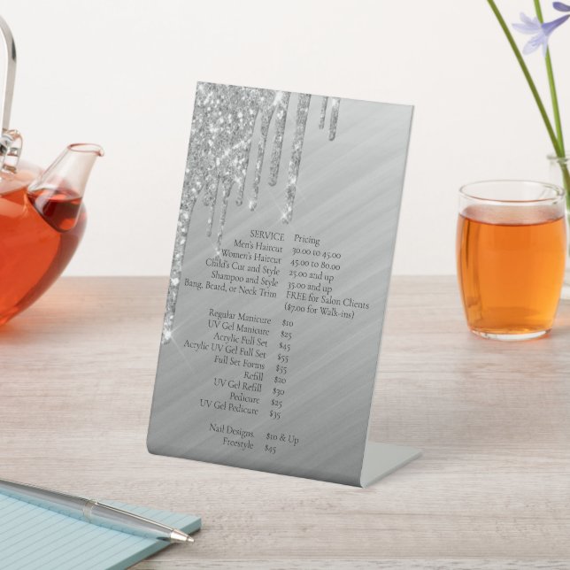 Dripping Silvery Glitter | Platinum Price List Pedestal Sign (In SItu)