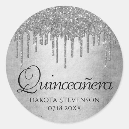 Dripping Silvery Glitter  Platinum Quinceanera Classic Round Sticker