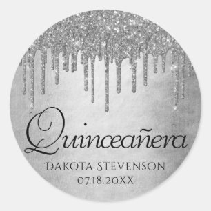 Dripping Silvery Glitter Platinum Quinceanera Classic Round Sticker