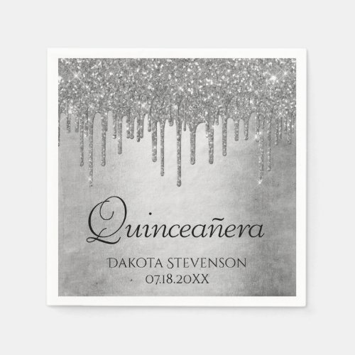 Dripping Silvery Glitter  Platinum Quinceanera Napkins