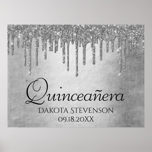 Dripping Silvery Glitter | Platinum Quinceanera Poster (Front)