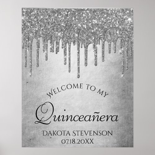 Dripping Silvery Glitter  Platinum Quinceanera Poster