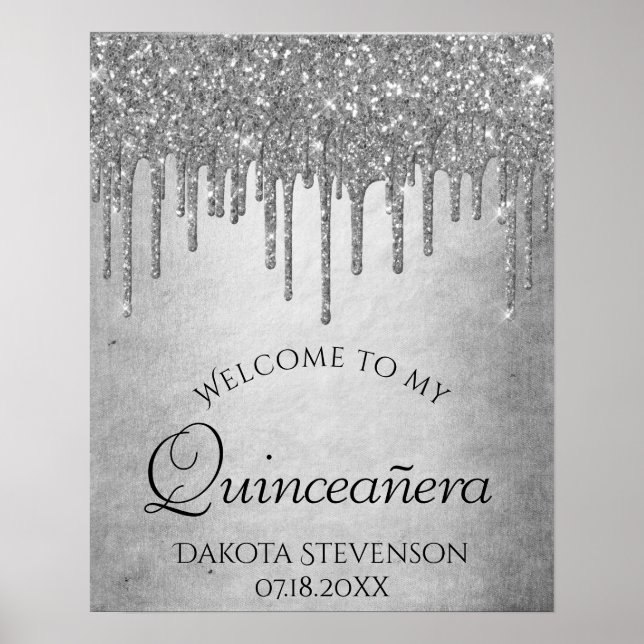 Dripping Silvery Glitter | Platinum Quinceanera Poster (Front)