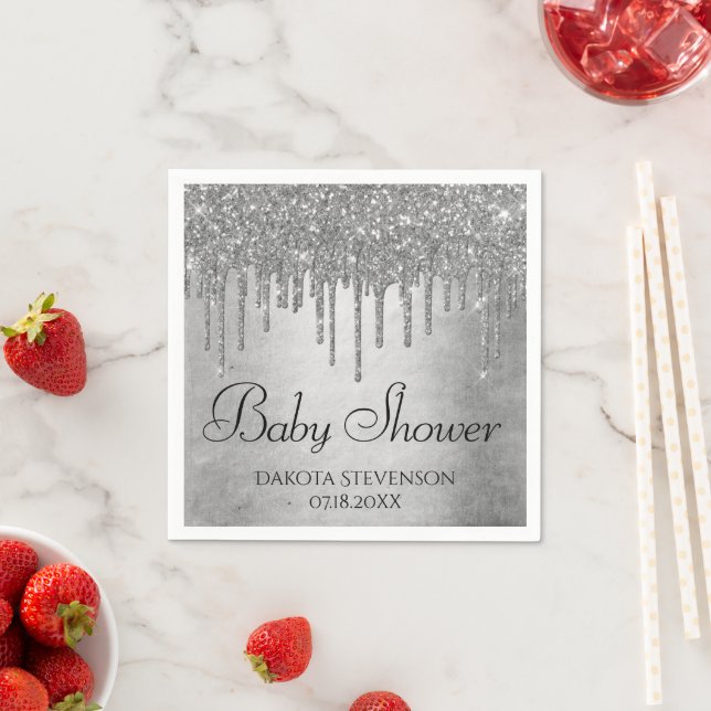 Dripping Silvery Glitter | Platinum Sparkle Shower Napkins (Insitu)