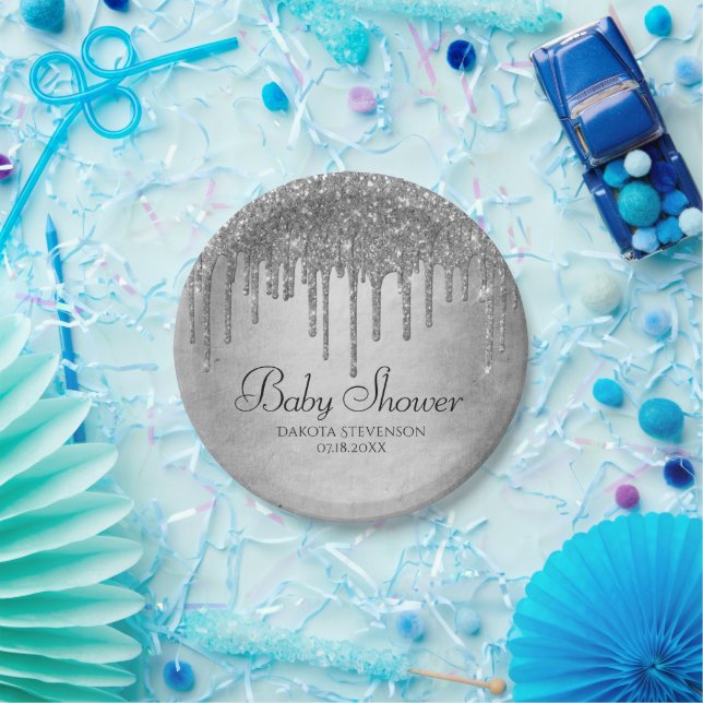 Dripping Silvery Glitter | Platinum Sparkle Shower Paper Plates (Party)