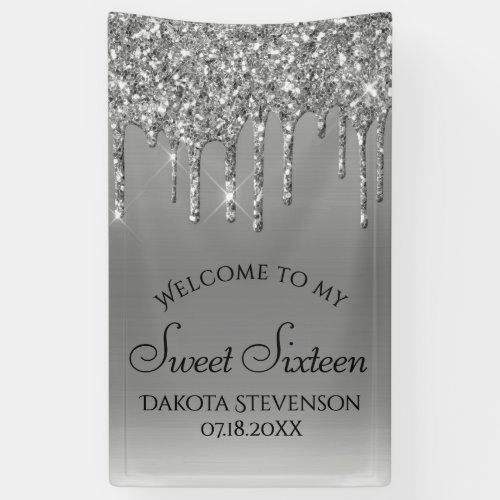 Dripping Silvery Glitter  Platinum Sweet Sixteen Banner