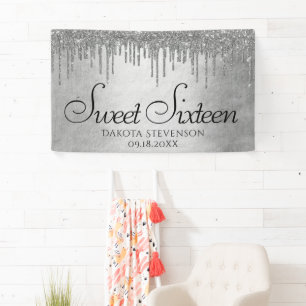 Dripping Silvery Glitter Platinum Sweet Sixteen Banner