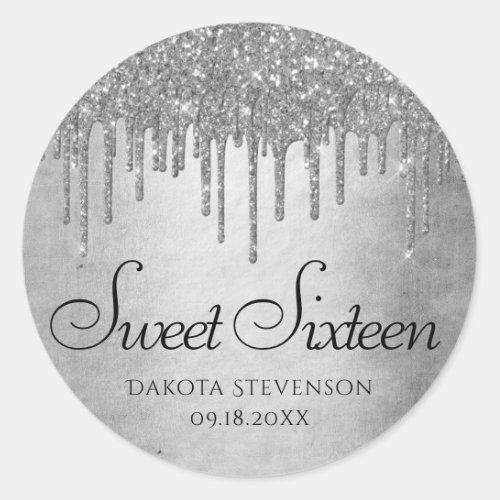 Dripping Silvery Glitter  Platinum Sweet Sixteen Classic Round Sticker