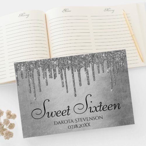 Dripping Silvery Glitter  Platinum Sweet Sixteen Guest Book