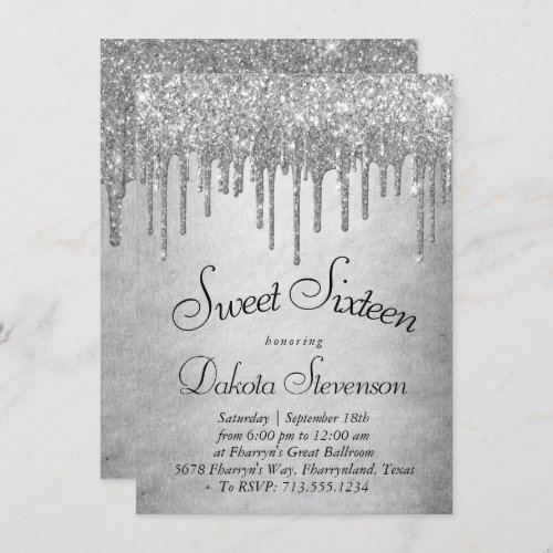 Dripping Silvery Glitter  Platinum Sweet Sixteen Invitation