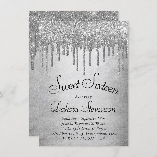Dripping Silvery Glitter | Platinum Sweet Sixteen Invitation (Front/Back)