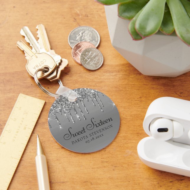 Dripping Silvery Glitter | Platinum Sweet Sixteen Keychain (Desk)