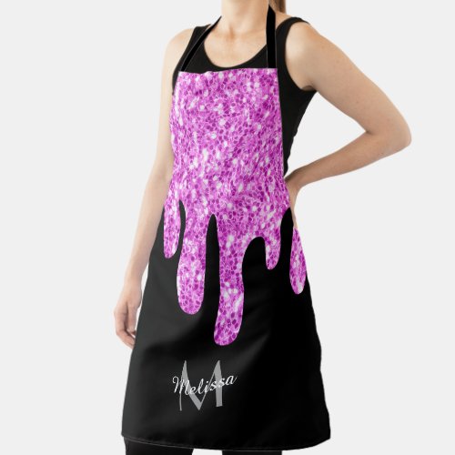 Dripping Sparkles Glitter Pink Black Monogram Apron