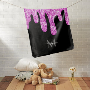 Dripping Sparkles Glitter Pink Black Monogram Baby Blanket