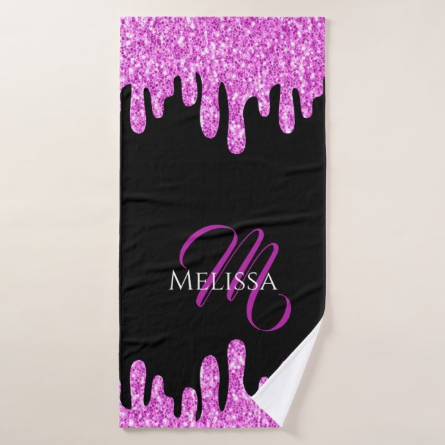 Dripping Sparkles Glitter Pink Black Monogram Bath Towel Set (Bath Towel)