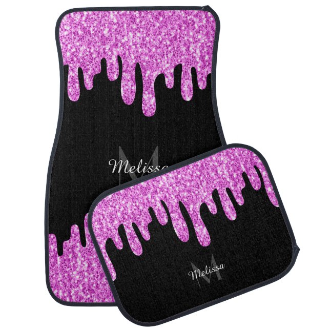 Dripping Sparkles Glitter Pink Black Monogram Car Floor Mat (Set)