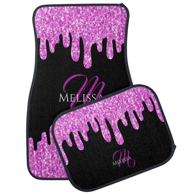 Dripping Sparkles Glitter Pink Black Monogram Car Floor Mat (Set)