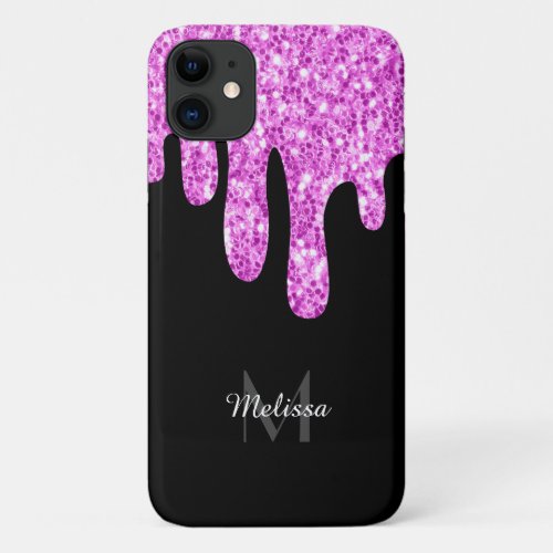 Dripping Sparkles Glitter Pink Black Monogram iPhone 11 Case