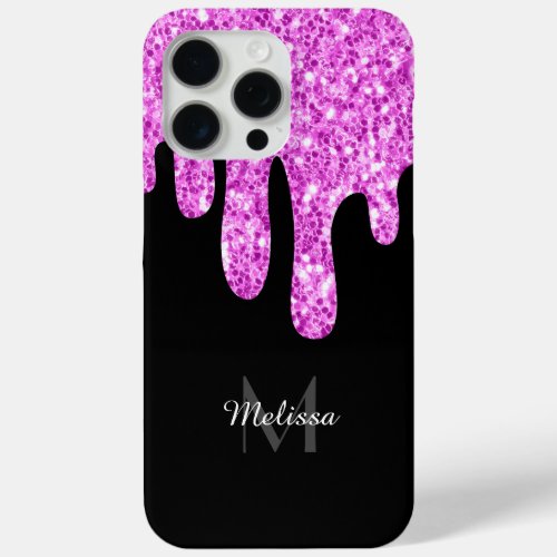 Dripping Sparkles Glitter Pink Black Monogram iPhone 15 Pro Max Case