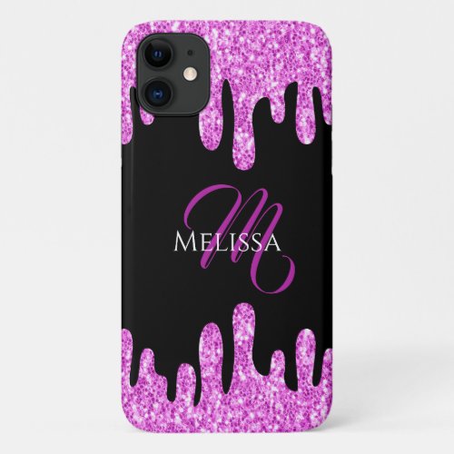 Dripping Sparkles Glitter Pink Black Monogram iPhone 11 Case