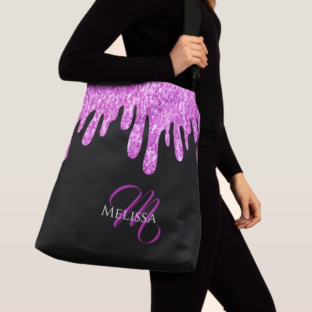 Dripping Sparkles Glitter Pink Black Monogram Crossbody Bag (Close Up)