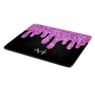 Dripping Sparkles Glitter Pink Black Monogram Cutting Board