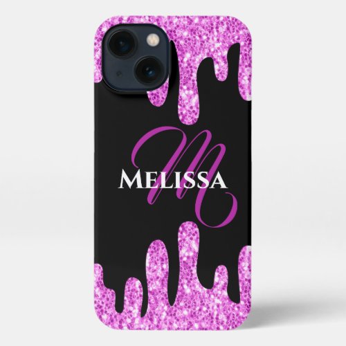 Dripping Sparkles Glitter Pink Black Monogram iPhone 13 Case