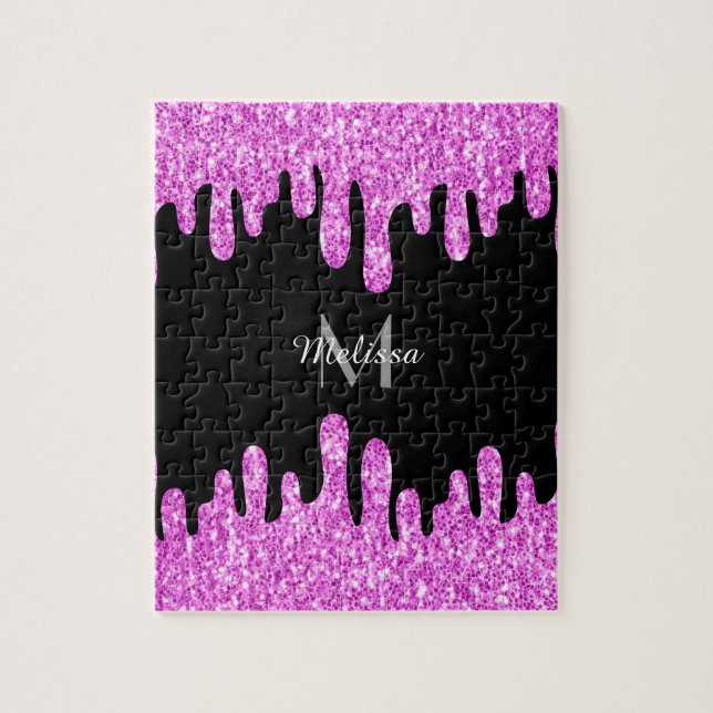 Dripping Sparkles Glitter Pink Black Monogram Jigsaw Puzzle (Vertical)