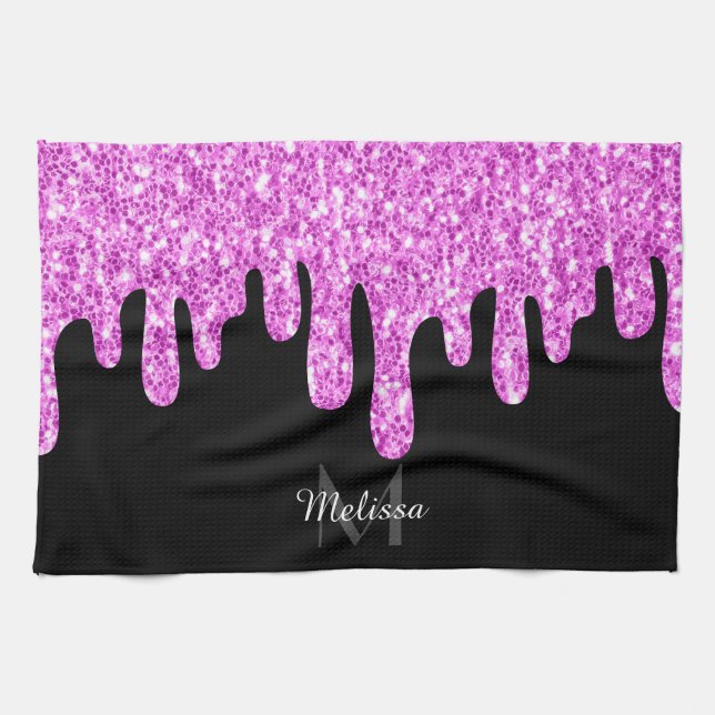 Dripping Sparkles Glitter Pink Black Monogram Kitchen Towel (Horizontal)