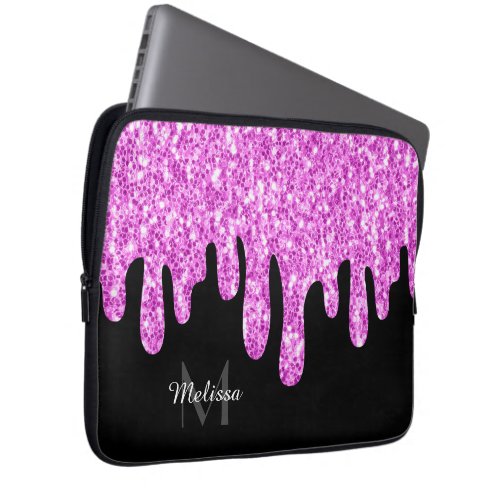 Dripping Sparkles Glitter Pink Black Monogram Laptop Sleeve