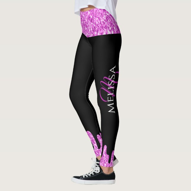Dripping Sparkles Glitter Pink Black Monogram Leggings (Left)