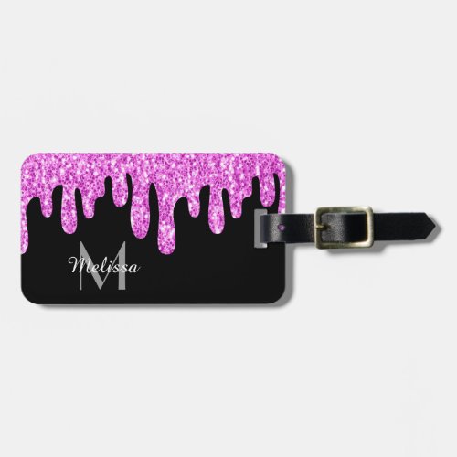 Dripping Sparkles Glitter Pink Black Monogram Luggage Tag