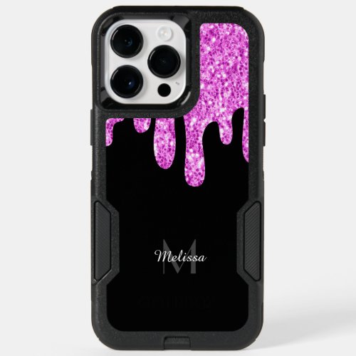 Dripping Sparkles Glitter Pink Black Monogram OtterBox iPhone 14 Pro Max Case