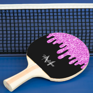 Dripping Sparkles Glitter Pink Black Monogram Ping Pong Paddle