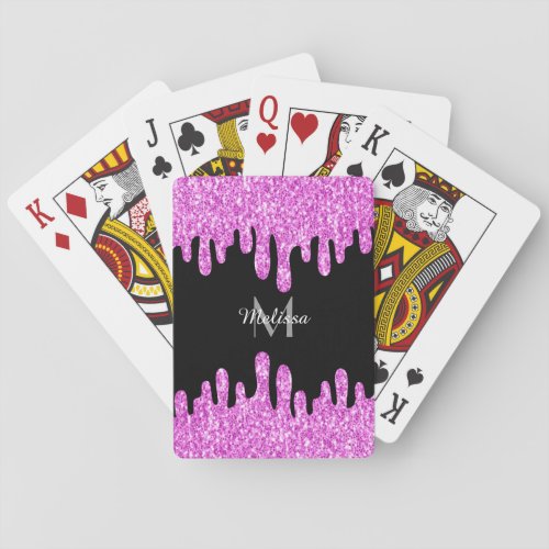 Dripping Sparkles Glitter Pink Black Monogram Poker Cards